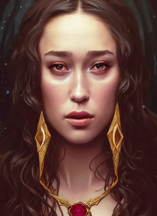 Image similar to portrait of alycia debnam - carey as a vampire lord, jewelry, greek, ruby, intricate, headshot, highly detailed, digital painting, artstation, concept art, sharp focus, cinematic lighting, illustration, art by artgerm and greg rutkowski, alphonse mucha, cgsociety