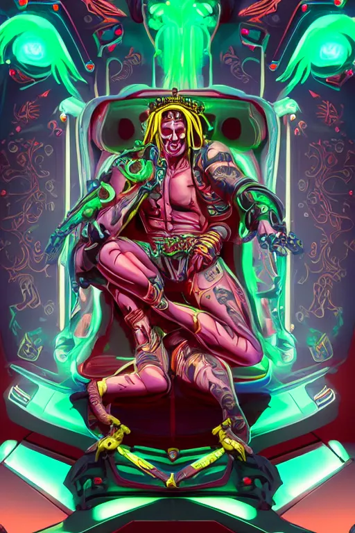 Prompt: full-body rococo and cyberpunk style neon statue of a muscular attractive Spanish papi sim roupa macho dotado e rico android sim roupa reclining con las piernas abiertas e la piroca dura e afuera, glowing red laser eyes, prince crown of red gears, diamonds, swirling black-colored silk fabric. futuristic elements. full-length view. aggressive space robots. giant balloon animals. human skulls. intricate artwork by caravaggio. Trending on artstation, octane render, cinematic lighting from the right, hyper realism, octane render, 8k, depth of field, 3D