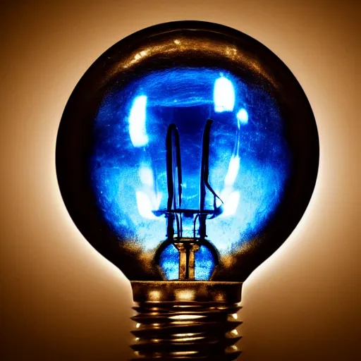 Image similar to photorealistic shot of a blue light bulb in a dark room, horrific themed, wide angle shot, deep sensation, high details