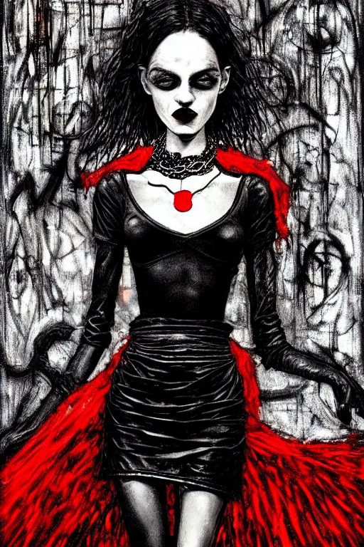Image similar to dreamy gothic girl, black leather slim skirt, chains, red spirit, beautiful body shape, detailed acrylic, grunge, intricate complexity, by dan mumford and by alberto giacometti, peter lindbergh