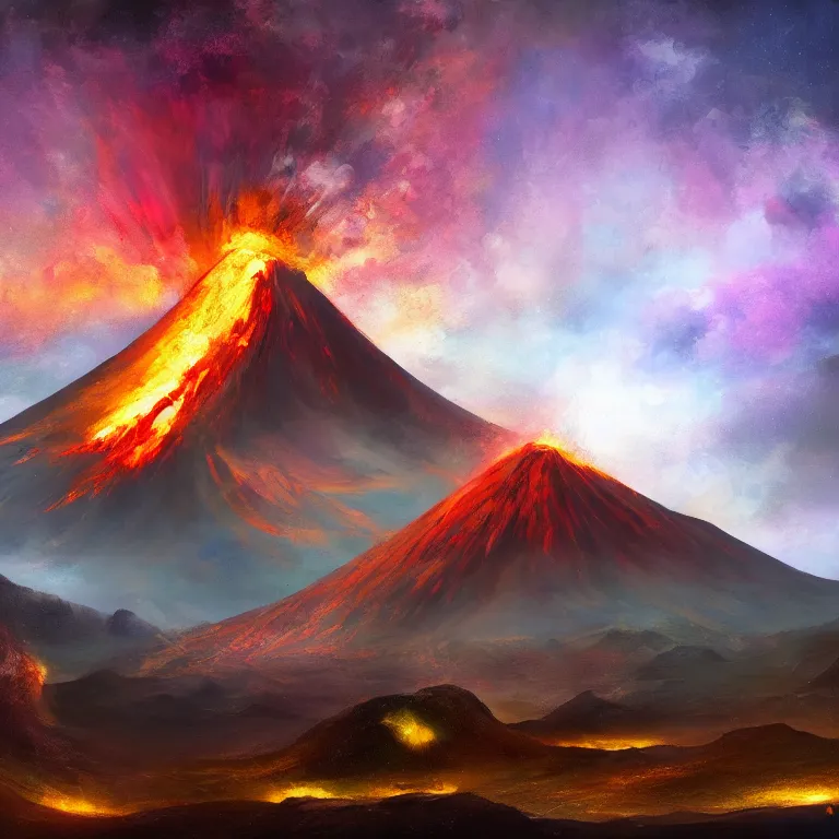 Prompt: a painting of a volcano from which come out flowers and stars exotic plants, all this happens in some kind of fantasy world, almost like in the sky or all in the amazing outdoors view, long exposure, 8 k resolution, trending on artstation