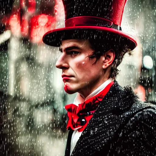 Image similar to cinestill 5 0 d candid photographic portrait by david cronenberg of baroque steampunk cyborg gentleman wearing a red edwardian suit and top hat, floral growths, modern cyberpunk moody emotional cinematic, closeup, pouring rain menacing lights shadows, 8 k, hd, high resolution, 3 5 mm, f / 3 2, ultra realistic faces, ex machina