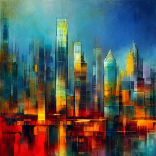 Image similar to a impressionism painting of a cityscape with buildings in the background, an abstract painting by stanton macdonald wright, cgsociety, lyrical abstraction, cityscape, dystopian art