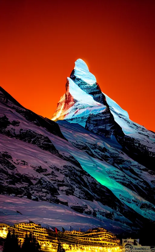 Image similar to a photo at nighttime of a powerful llumination of the matterhorn in the colors of indian flag, orange top, white middle, green base. projected illuminated on the matterhorn mountain at night