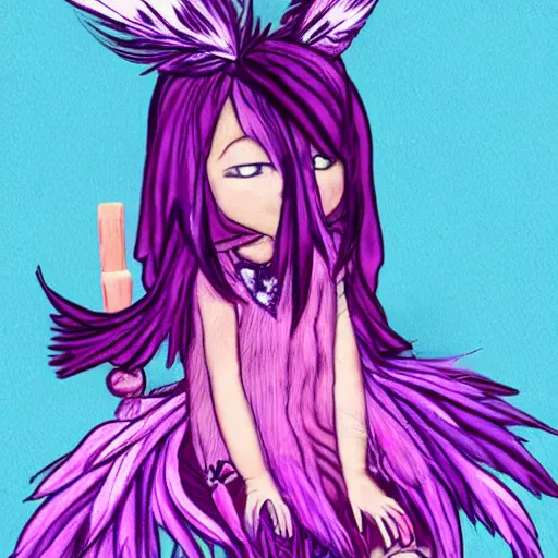 Prompt: little girl with eccentric pink hair wearing a dress mada of purple feather, artwork made by dcwj