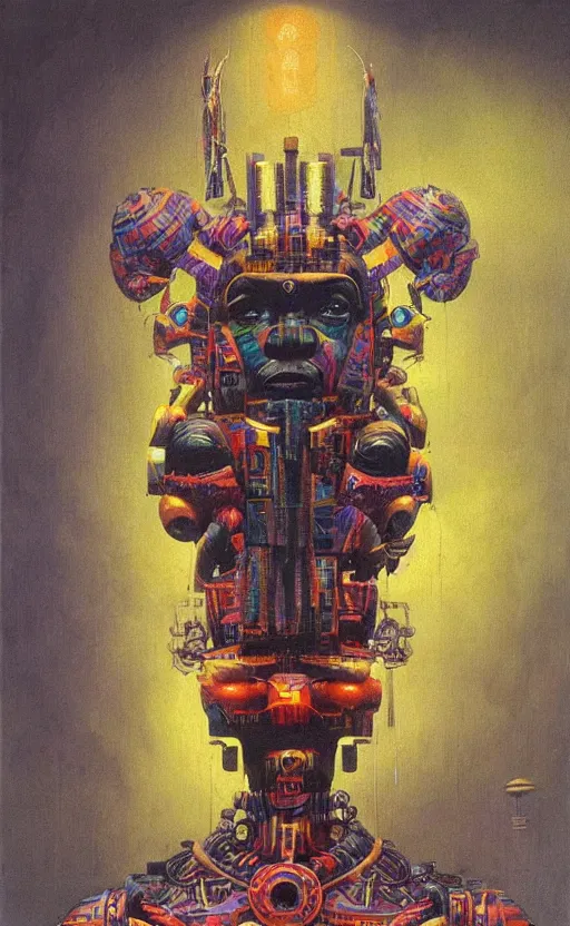 Prompt: portrait of mecha african tribal chief, insibidi symbols, symmetrical, dramatic lighting, colourful, art by zdzislaw beksinski,