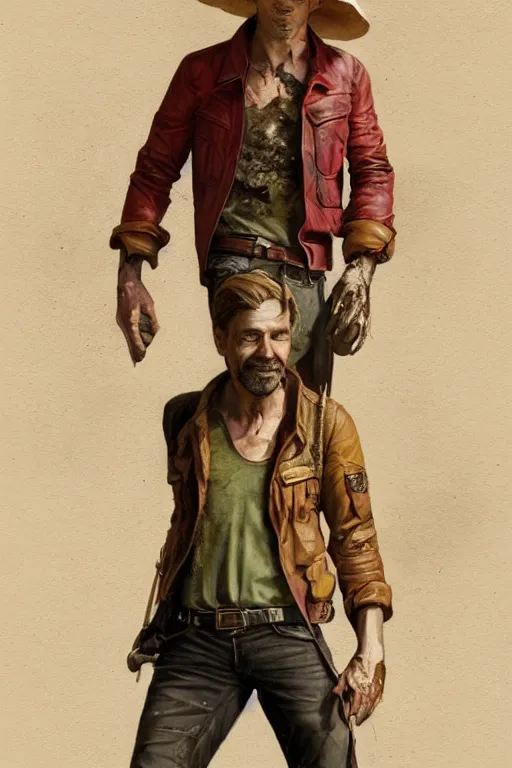 Image similar to character design, portrait of a gaunt 40's adventurer, unshaven, optimistic, stained dirty clothing, straw hat, riding boots, red t-shirt, dusty rown bomber leather jacket, concept art, photorealistic, hyperdetailed, 3d rendering! , art by Leyendecker and frazetta!,