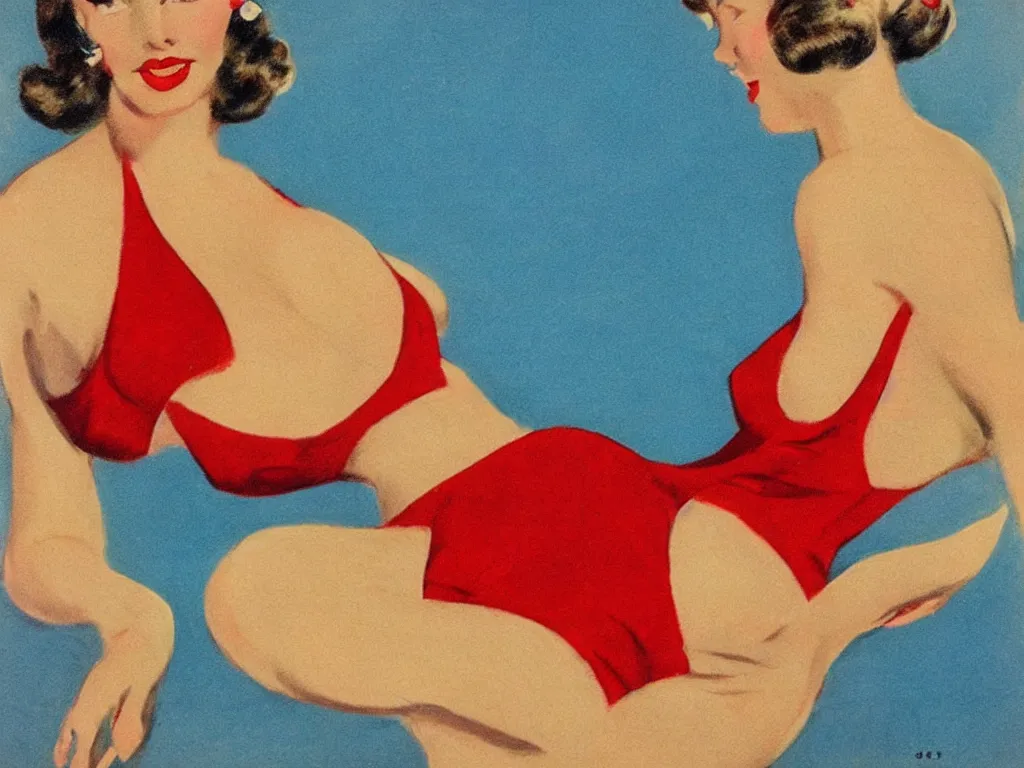 Prompt: 1950s vintage art of a beautiful model with dark curly hair and round blue eyes in a red swimsuit, high quality, highly detailed, vintage art, 1950s, vivid