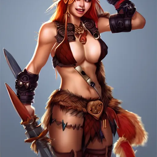 Image similar to very beautiful female barbarian, smiling, flirty, eye contact, perfect face, perfect body, drawn by artgerm