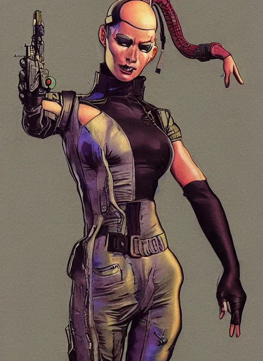 Image similar to menacing cyberpunk gymnast in military vest and jumpsuit. dystopian. portrait by stonehouse and mœbius and will eisner and gil elvgren and pixar. realistic proportions. cyberpunk 2 0 7 7, apex, blade runner 2 0 4 9 concept art. cel shading. attractive face. thick lines.