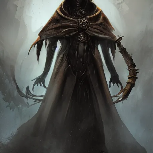 Prompt: magic the gathering character art by bastien lecouffe deharme of a eldritch warrior with a venice mask and a cloak made out of shadows and black feathers