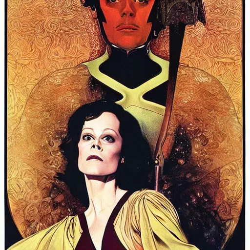 Image similar to portrait by joshua middleton of the young actress, sigourney weaver as ming the merciless, archenemy of flash gordon, saviour of the universe, klimt, mucha, 1 9 7 0 s poster,