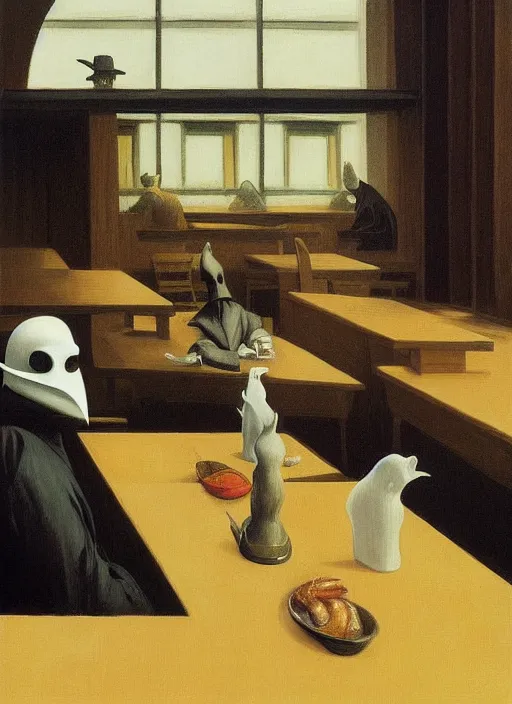 Prompt: plague doctor sitting at a crowded restaurant Edward Hopper and James Gilleard, Zdzislaw Beksinski highly detailed