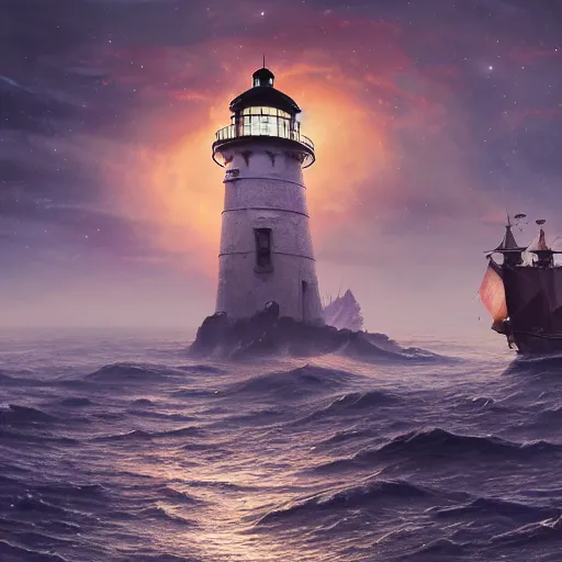 Image similar to pirates sailing the lighthouse in the middle of the galaxy , wide angle shot, diffuse lighting, fantasy, intricate, elegant, highly detailed, lifelike, photorealistic, digital painting, illustration, concept art, smooth, sharp focus, A24!film cinematography