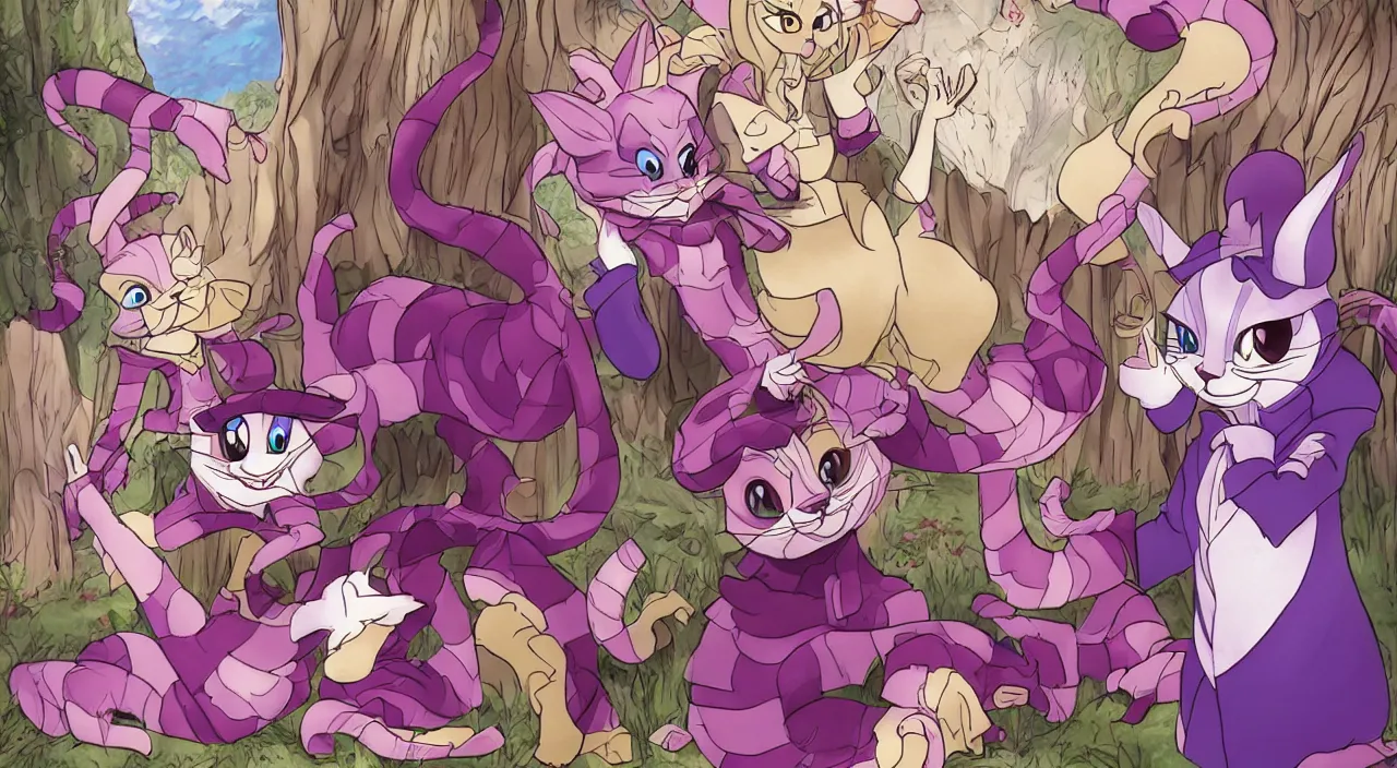 Prompt: [ disney's alice in wonderland ] and [ cheshire cat ] in isekai style