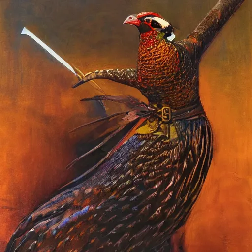 Prompt: a pheasant is girded with a belt, a sword hangs on the belt, by lily seika jones , rivuletpaper art, top cinematic lighting, cinematic mood, very detailed, shot in canon, by Viktor Vasnetsov, oil painting, harsh fairy tale, soft style, hyperrealism, beautiful, high resolution, trending on artstation, sword