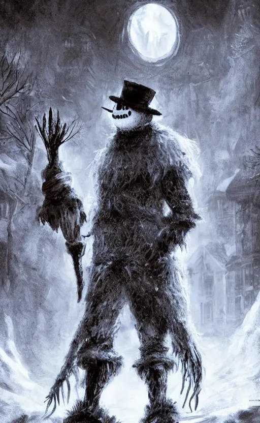 Prompt: a a full body portrait of monster jack frost the snowman, in the middle of a village in the snow, dynamic lighting, photorealistic dark fantasy concept art, trending on art station, stunning visuals, creative, cinematic, ultra detailed, scary art, monster