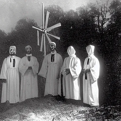 Image similar to worshippers dressed in robes belonging to the cult of the windmill. Dilapidated 1800s windmill. Old windmill. 1800s photo.