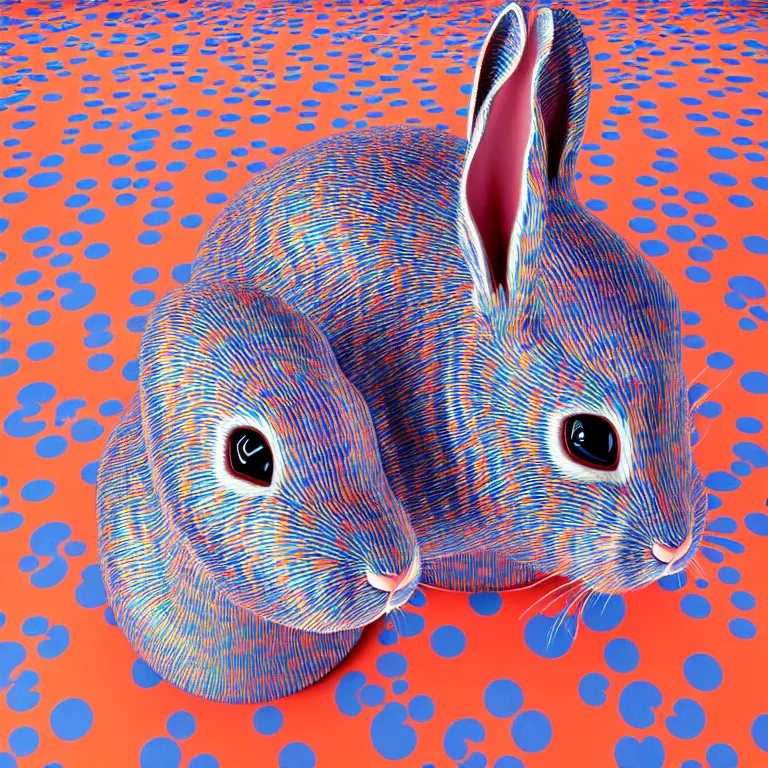 Image similar to hyperrealistic detailed image of a rabbit inside a hat in an art installation room, hd smooth interior by yayoi kusama, part by kei mieno, part by ross tran, dark art by james jean, ultra realistic, highly detailed, life like face, detailed body, 8 k, 3 d render by roger magrini, very cohesive, masterpiece