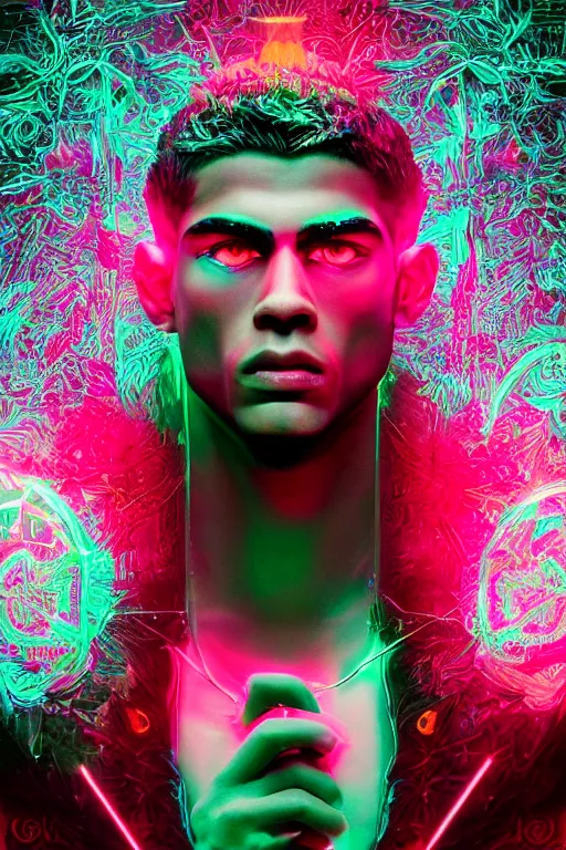 Image similar to hyper detailed ultra sharp portrait of baroque and bladerunner delicate neon ruby sculpture of seductive albino zayn malik gorilla green radioactive humanoid deity wearing metallic hoody made out of leaves holding the sun prismatic dungeon, glowing rainbow face, crown of white diamonds, cinematic lighting, photorealistic, octane render 8 k depth of field 3 d