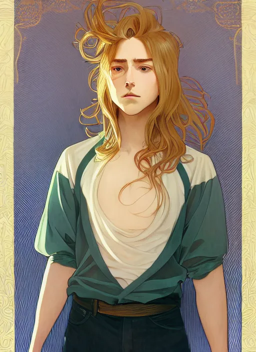 Image similar to pretty young man with shoulder length shiny shimmering golden blond hair, half body shot, path traced, highly detailed, high quality, digital painting, by studio ghibli and alphonse mucha, leesha hannigan, hidari, disney