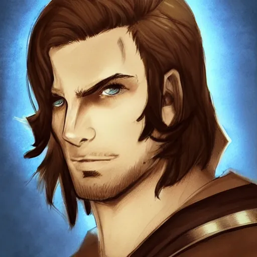 Image similar to a young man with shoulder length brown hair, with a scar on his forehead. blue uniform. serious expression, handsome, rugged, kaladin stormblessed, way of kings, artgerm, portrait, sketch, rpg, dnd