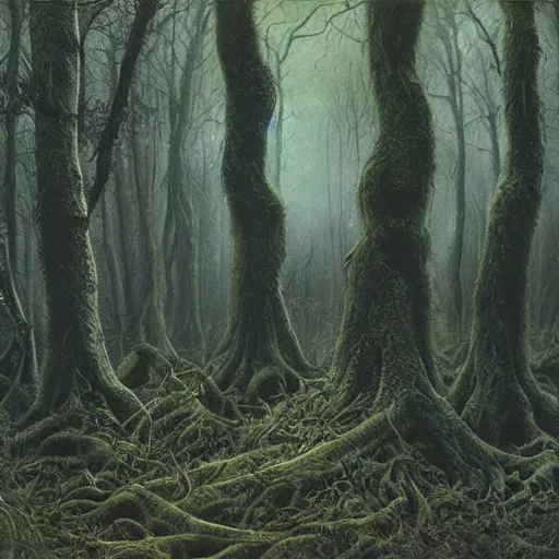 Prompt: dark, extremely dense forest, haunting atmosphere, grassy floor covered with gnarling roots, 4k, 1000 hour painting by Gerald Brom