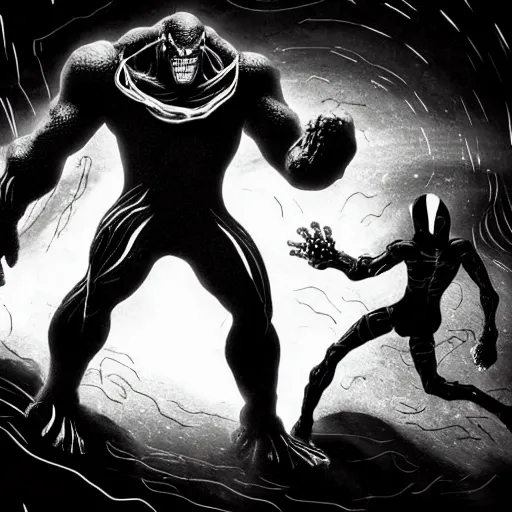 Image similar to black and white thanos fight with the thanos in a cave, by tsutomu nihei, black and white, old cave with slime and wires blur background, cinematic, perspective, realistic