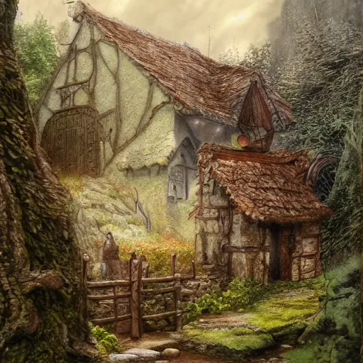 Image similar to a small fantasy village on the edge of the woods, by alan lee, lord of the rings, smooth, detailed terrain, oil painting, matte painting, concept art, trending on artstation