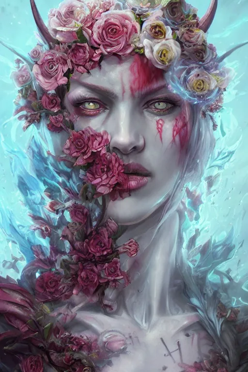 Image similar to demon face closeup of girl necromancer full of scars and flowers, wizard of the coast casting magic spell, angel, magic storm and thunder clouds, fantasy, magic the gathering, hyper detailed, 3 d render, hyper realistic detailed portrait, peter mohrbacher