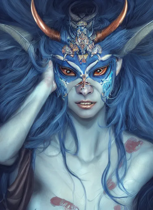 Image similar to a beautiful detailed oil on copper art illustration of a japanese blue devil mask woman, centered, by charlie bowater, zeng fanzh, trending on artstation, dim dusk lighting, cinematic lighting, detailed lighting, volumetric lighting, realistic, f 8, 4 k hd wallpaper