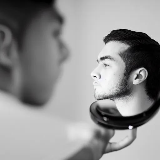 Image similar to young man looking deeply into a mirror, portrait studio, taken with canon eos, f 1. 4, soft diffused light, iso 2 0 0,