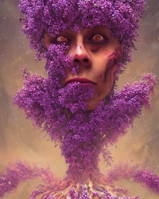 Image similar to Haunting horrifying detailed painting of a huge muscular hulking extraterrestrial flower monster made of lilacs, roses, lilies and daffodils, telekinetic aura, magical powers, and bloodshot eyeballs, hyper detailed, trending on Artstation