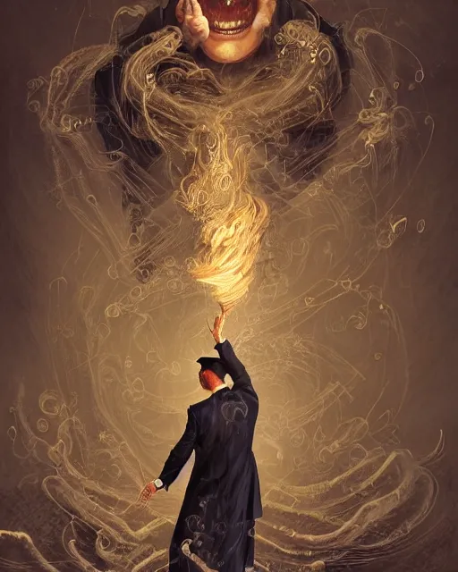 Image similar to a highly detailed portrait of devious male magician radiating a powerful energy aura, back tuxedo, wispy tendrils of smoke, intricate, digital painting, old english, raining, sepia, particles floating, whimsical background by marc simonetti, artwork by ramond swanland and liam wong