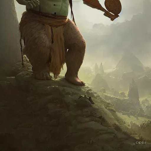 Prompt: shrek as an ancient mythological warrior deity, norse deity, epic fantasy illustration, portrait, godly and ethereal, by greg rutkowski