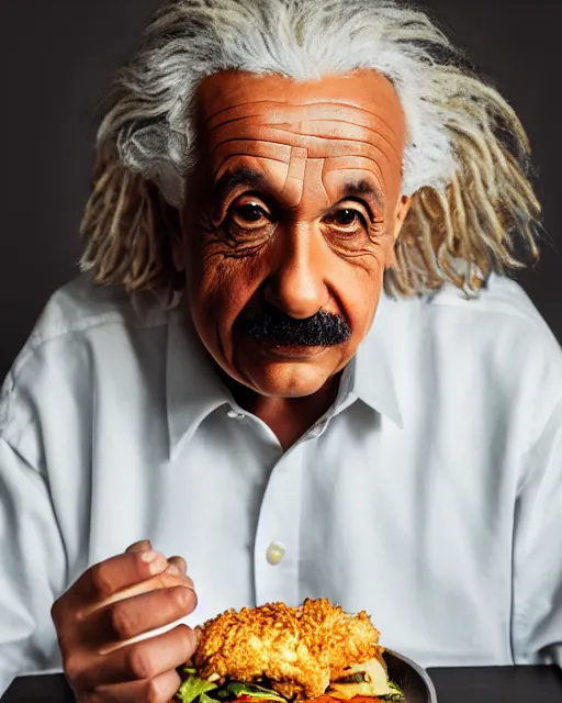 Image similar to a portrait of albert einstein sitting at the dining table with a plate containing kfc chicken in front of him, highly detailed, trending on artstation, bokeh, 9 0 mm, f / 1. 4