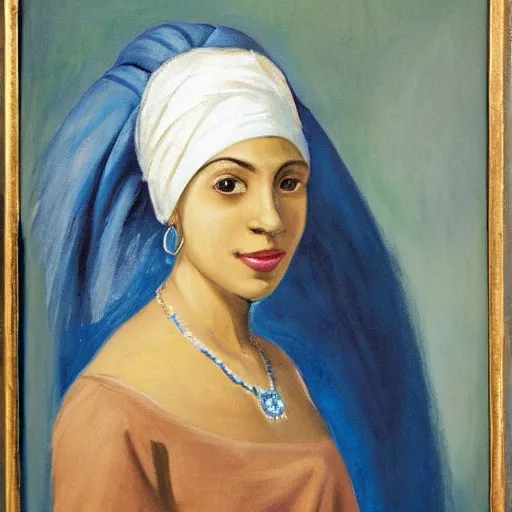 Prompt: a painting of a young woman wearing a blue and white turban. the woman is looking to the side with a soft expression, and her earring is a large, shining pearl. the background is a dark space, and the light is shining on the woman from the front, creating a halo - like effect around her head.