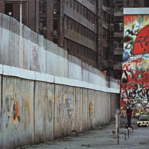 Prompt: VHS tape of the Berlin Wall coming down