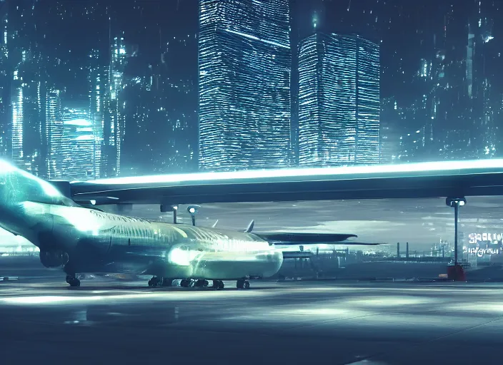 Image similar to immense futuristic jet plane arrives at runway of cyberpunk airport at night ,cinematic lighting