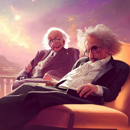 Image similar to einstein and stephen hawking sitting on a pearly couch in heaven, having deep discussions, thoughtful, angels, clouds, very bright lights, pillars, by greg rutkowski, trending on artstation