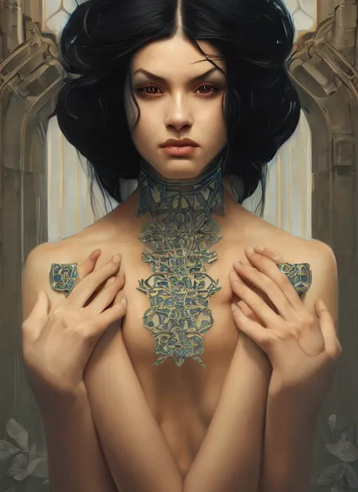 Image similar to symmetry!! kitana, machine parts embedded into face, intricate, elegant, highly detailed, digital painting, artstation, concept art, smooth, sharp focus, illustration, art by artgerm and greg rutkowski and alphonse mucha, 8 k