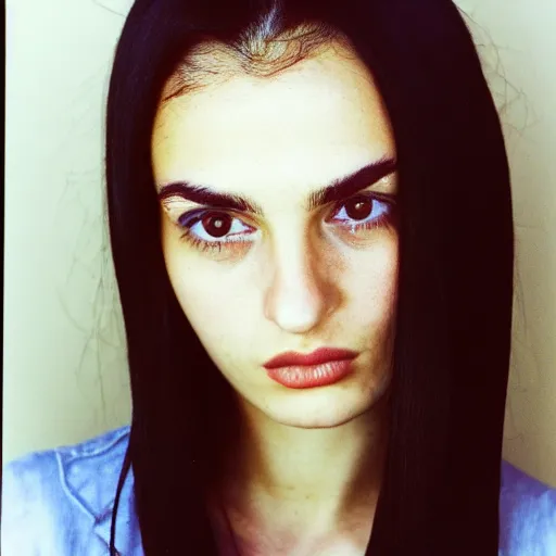 Image similar to 35mm film photo of an atractive cool alternative bosnian woman in her early 20s. beautiful face. She has dark brown hair, dark thick eyebrows, brown eyes and shoulder long hair.