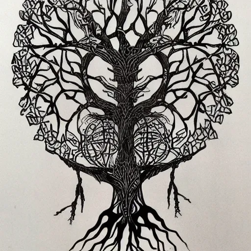 Prompt: a highly detailed tarot card tattoo outline of druid woman shaped like the tree of life with arms as branches and fingers for leaves, by hokusai and jeong seon, symbolist, visionary, art nouveau, organic fractal structures, surreality, detailed, realistic, ultrasharp