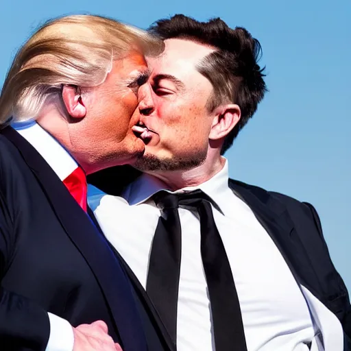 Prompt: a detailed photograph of elon musk kissing donald trump