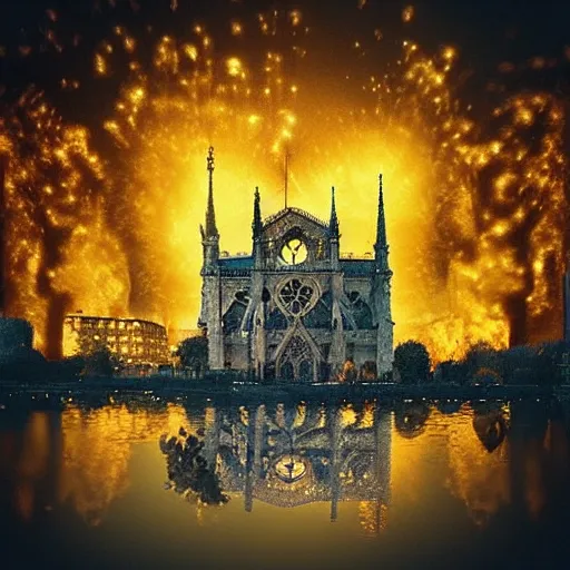 Image similar to “minions laughing as the Notre dame burns behind them, 4k, digital art, award winning”