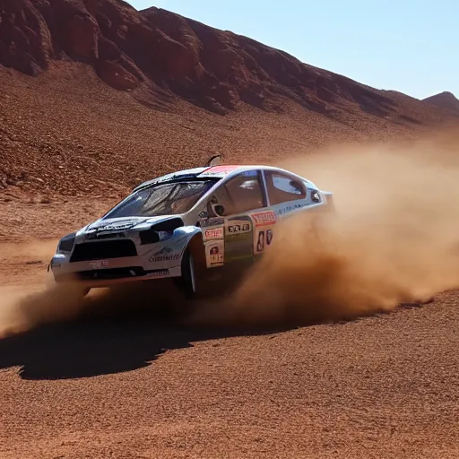 Prompt: a rally racing car going downhill in a desert environment
