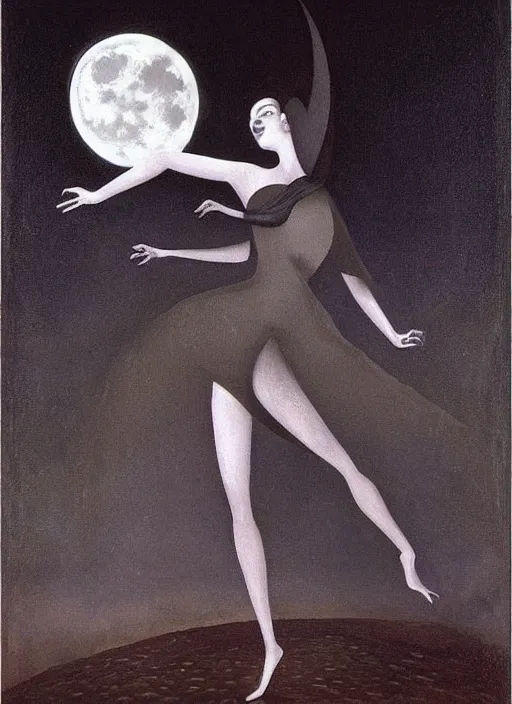 Image similar to surrealism, abstract, a dark witch in front of the full big moon, painting by abercrombie, gertrude