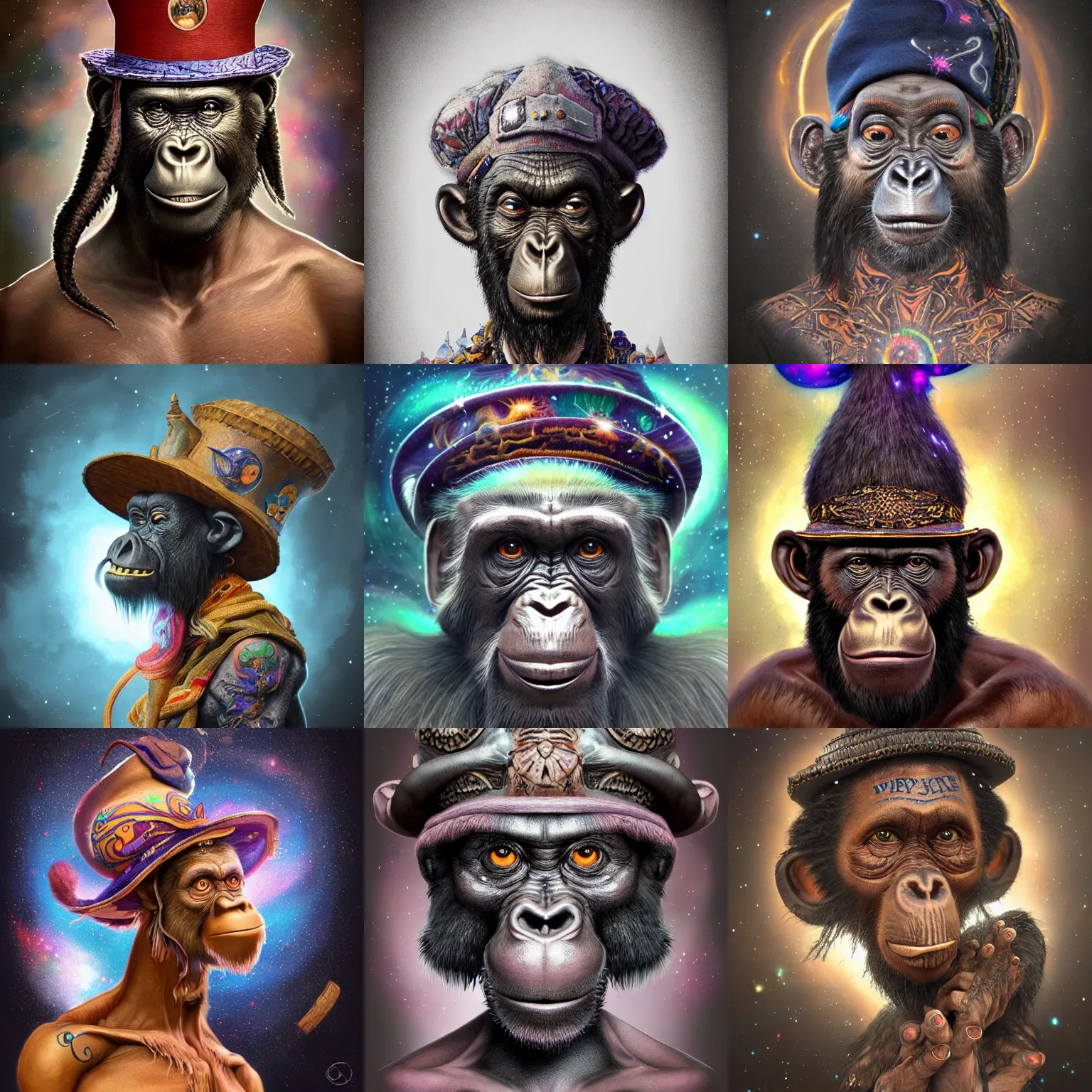 Prompt: a wlop 3 d render of very very very very highly detailed beautiful mystic portrait of a student voodoo ape in a hat with whirling galaxy around, tattoos by anton pieck, intricate, extremely detailed, digital painting, artstation, concept art, smooth, sharp focus, illustration, intimidating lighting, incredible art,