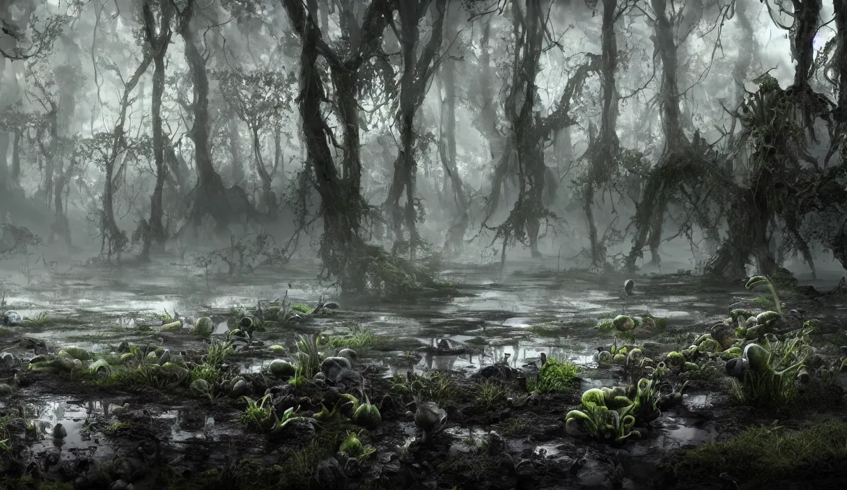 Image similar to monstrous hungry lush carnivorous plants growing from bubbling peat bog, murky water, reflections, contrasting light, attention to detail, dark and dramatic atmosphere, volumetric fog, raytracing, back light, raymarching, by ilm, by digital domain, by weta digital