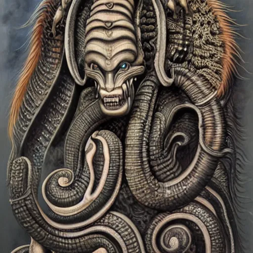 Image similar to naga serpent god, giger airbrush painting, highly detailed, intricate, beautiful craftsmanship,